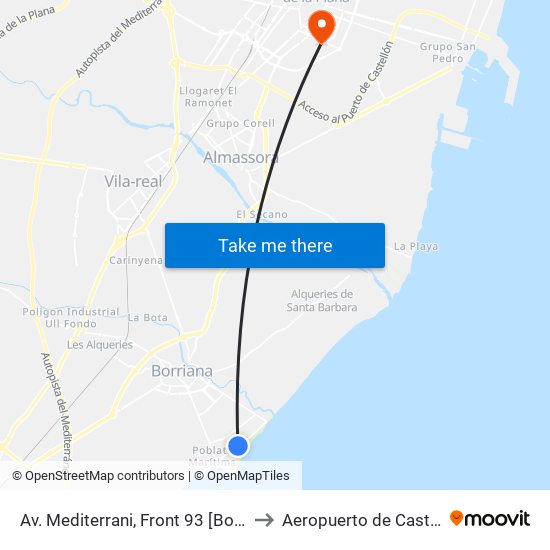 Av. Mediterrani, Front 93 [Borriana] to Aeropuerto de Castellon map