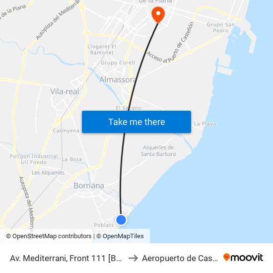 Av. Mediterrani, Front 111 [Borriana] to Aeropuerto de Castellon map