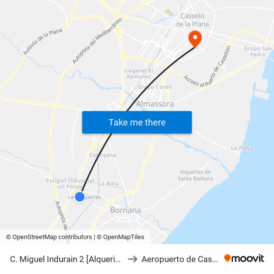 C. Miguel Indurain 2 [Alqueries, Les] to Aeropuerto de Castellon map