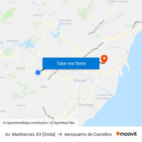 Av. Mediterrani, 83 [Onda] to Aeropuerto de Castellon map