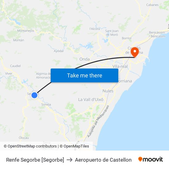 Renfe Segorbe [Segorbe] to Aeropuerto de Castellon map