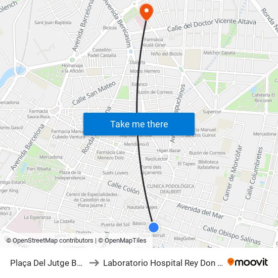 Plaça Del Jutge Borrull to Laboratorio Hospital Rey Don Jaime map