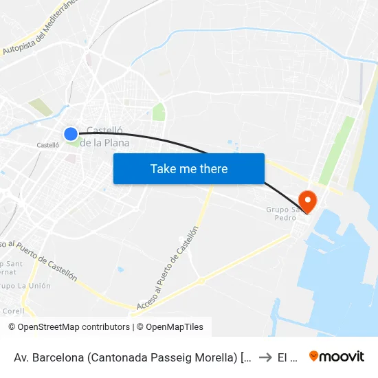 Av. Barcelona (Cantonada Passeig Morella) [Castelló de La Plana] to El Grao map