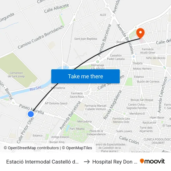 Estació Intermodal Castelló de La Plana to Hospital Rey Don Jaime map