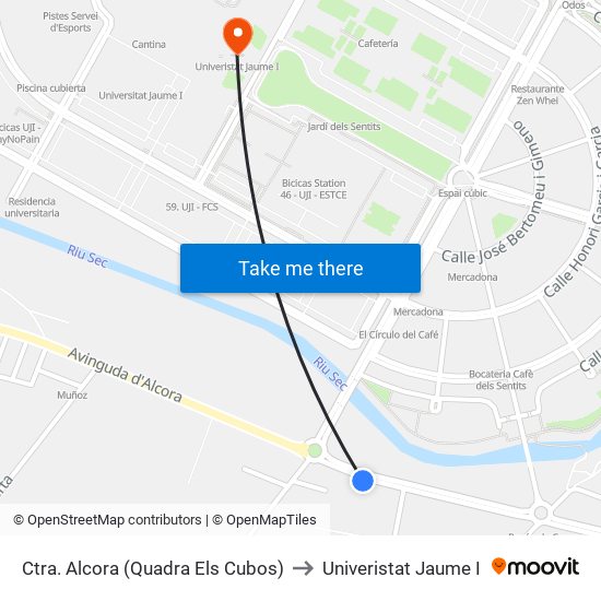 Ctra. Alcora (Quadra Els Cubos) to Univeristat Jaume I map