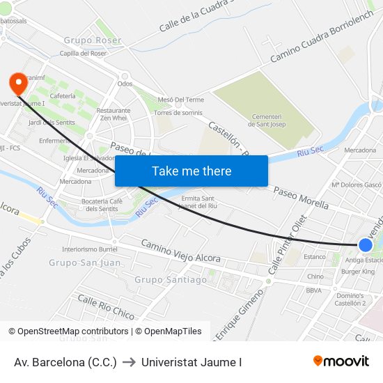 Av. Barcelona (C.C.) to Univeristat Jaume I map