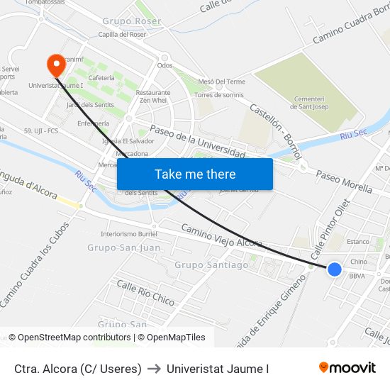 Ctra. Alcora (C/ Useres) to Univeristat Jaume I map