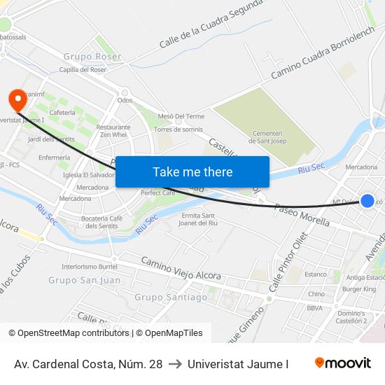 Av. Cardenal Costa, Núm. 28 to Univeristat Jaume I map