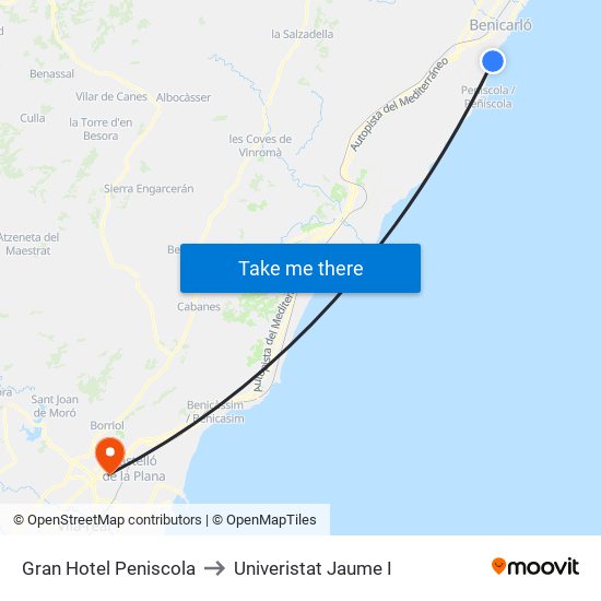 Gran Hotel Peniscola to Univeristat Jaume I map