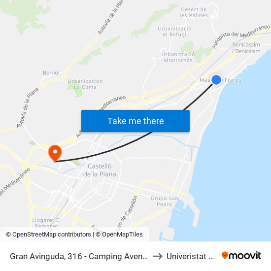 Gran Avinguda, 316 - Camping Avenida [Benicàssim] to Univeristat Jaume I map