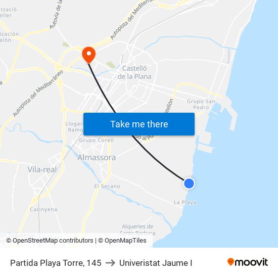 Partida Playa Torre, 145 to Univeristat Jaume I map