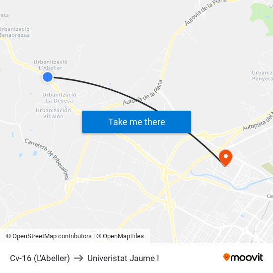 Cv-16 (L'Abeller) to Univeristat Jaume I map