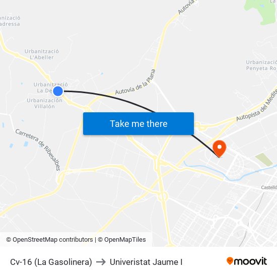 Cv-16 (La Gasolinera) to Univeristat Jaume I map