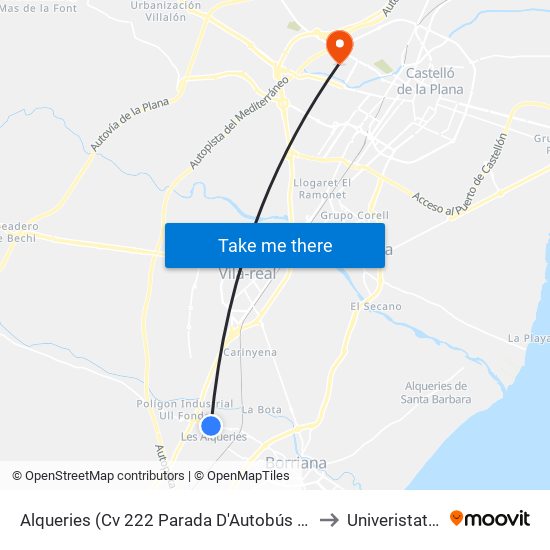 Alqueries (Cv 222 Parada D'Autobús Antic Camp de Futbol) to Univeristat Jaume I map