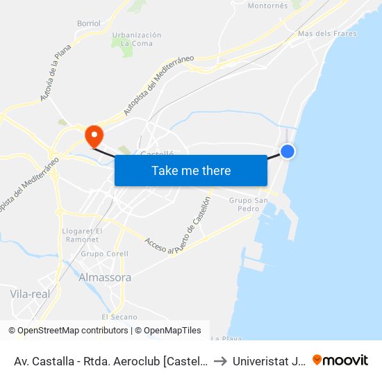Av. Castalla - Rtda. Aeroclub [Castelló de La Plana] to Univeristat Jaume I map