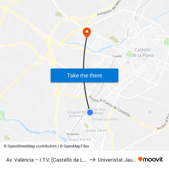 Av. València – I.T.V. [Castelló de La Plana] to Univeristat Jaume I map