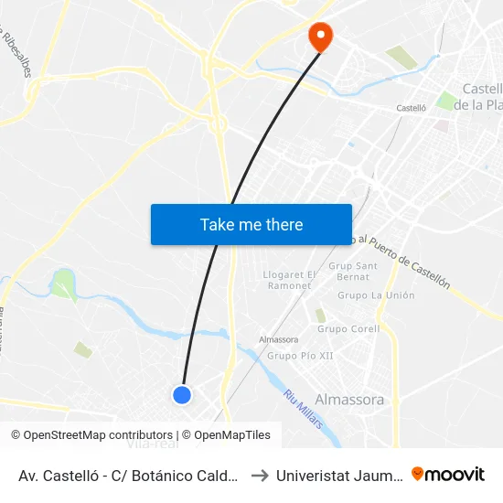 Av. Castelló - C/ Botánico Calduch to Univeristat Jaume I map