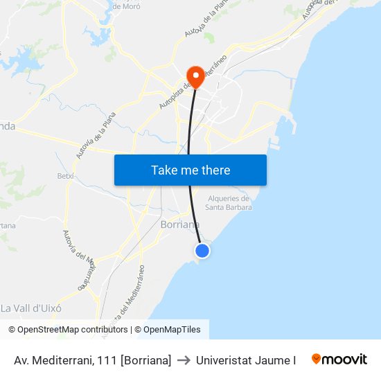 Av. Mediterrani, 111 [Borriana] to Univeristat Jaume I map