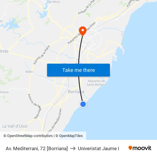 Av. Mediterrani, 72 [Borriana] to Univeristat Jaume I map
