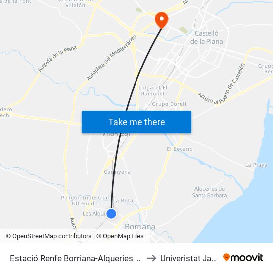 Estació Renfe Borriana-Alqueries [Borriana] to Univeristat Jaume I map