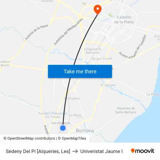 Sedeny Del Pi [Alqueries, Les] to Univeristat Jaume I map