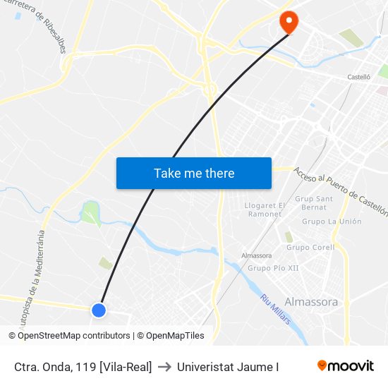 Ctra. Onda, 119 [Vila-Real] to Univeristat Jaume I map