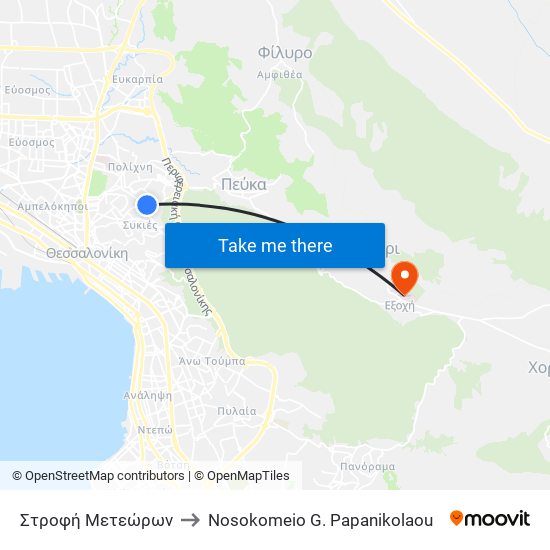 Στροφή Μετεώρων to Nosokomeio G. Papanikolaou map