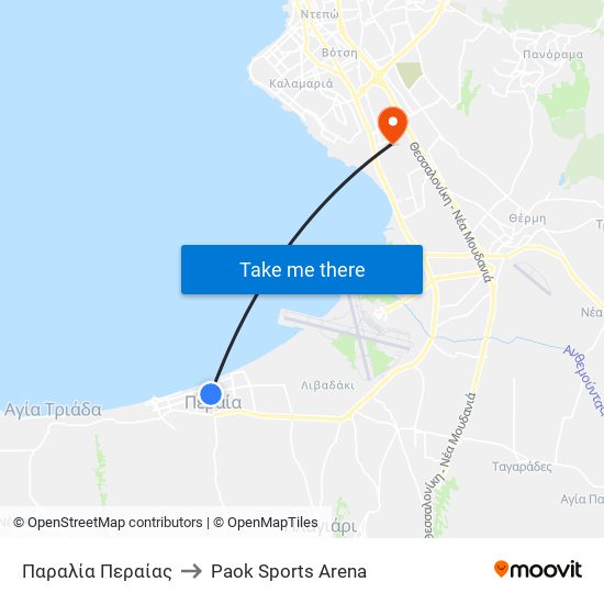 Παραλία Περαίας to Paok Sports Arena map