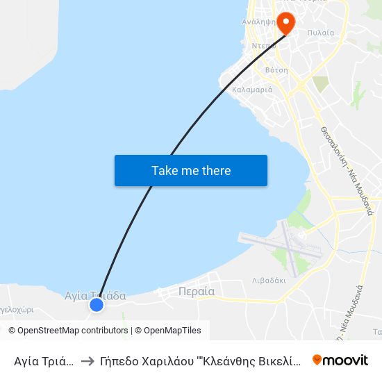 Αγία Τριάδα to Γήπεδο Χαριλάου ""Κλεάνθης Βικελίδης"" map