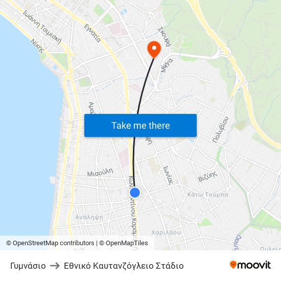 Γυμνάσιο to Εθνικό Καυτανζόγλειο Στάδιο map