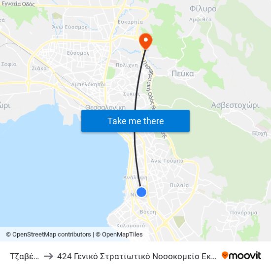 Τζαβέλλα to 424 Γενικό Στρατιωτικό Νοσοκομείο Εκπαιδεύσεως map