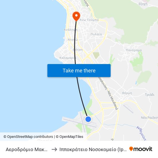 Αεροδρόμιο Μακεδονία - Αφίξεις to Ιπποκράτειο Νοσοκομείο (Ippokrateio Nosokomeio) map