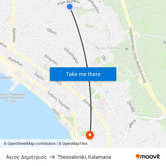 Άγιος Δημήτριος to Thessaloniki, Kalamaria map