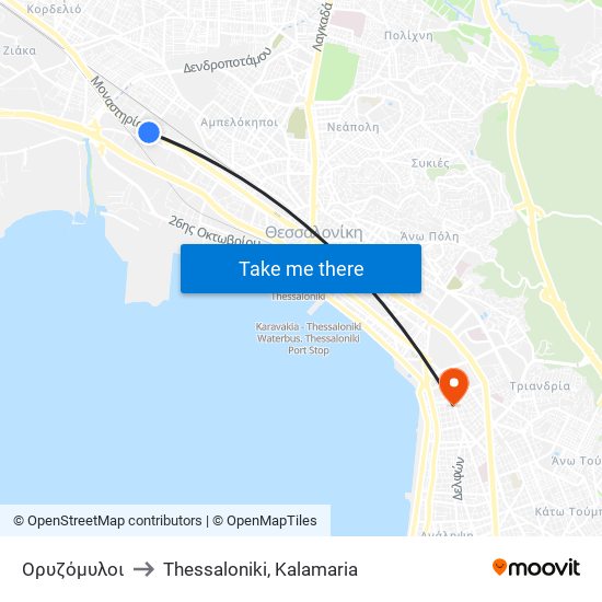 Ορυζόμυλοι to Thessaloniki, Kalamaria map