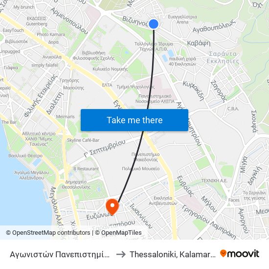 Αγωνιστών Πανεπιστημίου to Thessaloniki, Kalamaria map