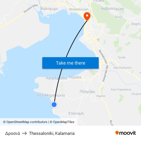 Δροσιά to Thessaloniki, Kalamaria map