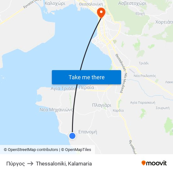 Πύργος to Thessaloniki, Kalamaria map