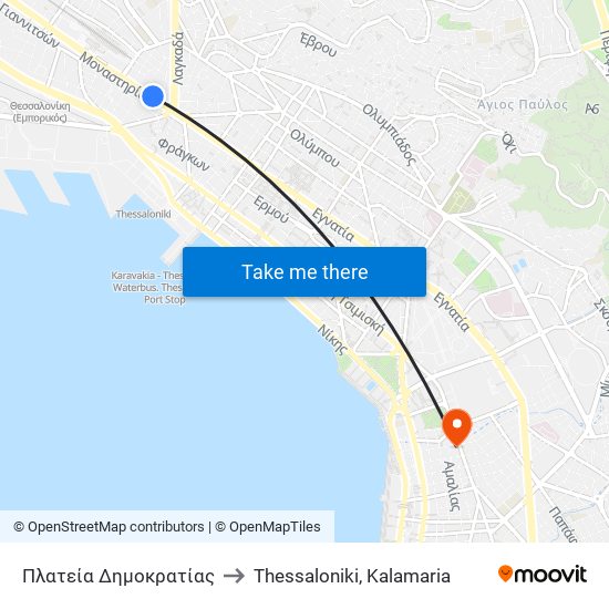 Πλατεία Δημοκρατίας to Thessaloniki, Kalamaria map