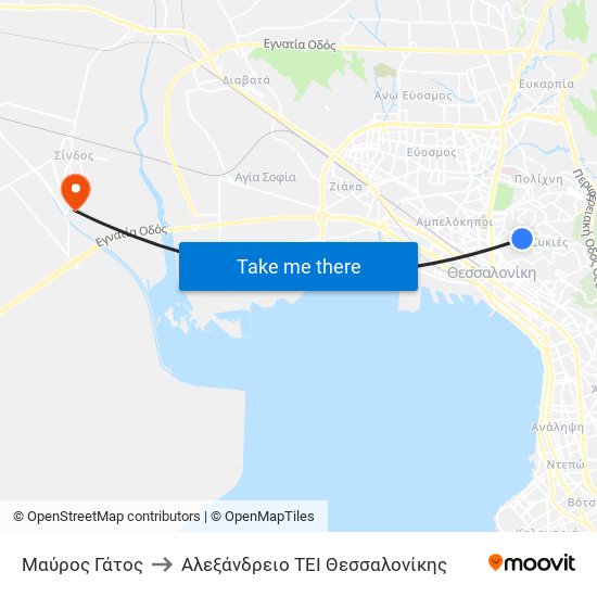 Μαύρος Γάτος to Αλεξάνδρειο ΤΕΙ Θεσσαλονίκης map
