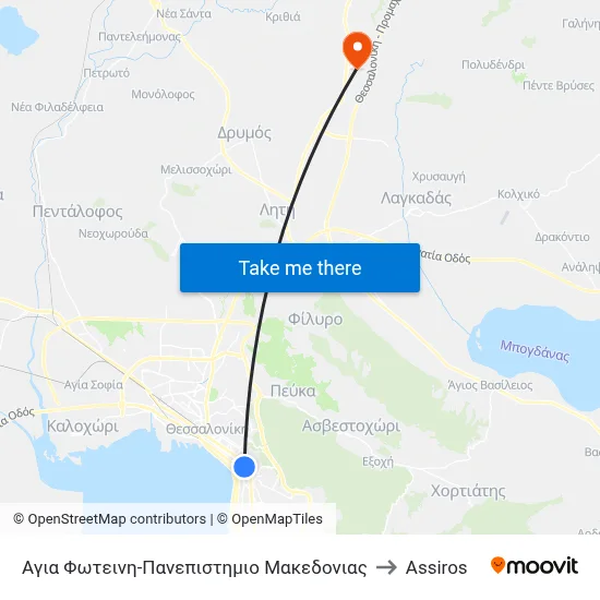 Agia Fotini-University of Macedonia to Assiros map