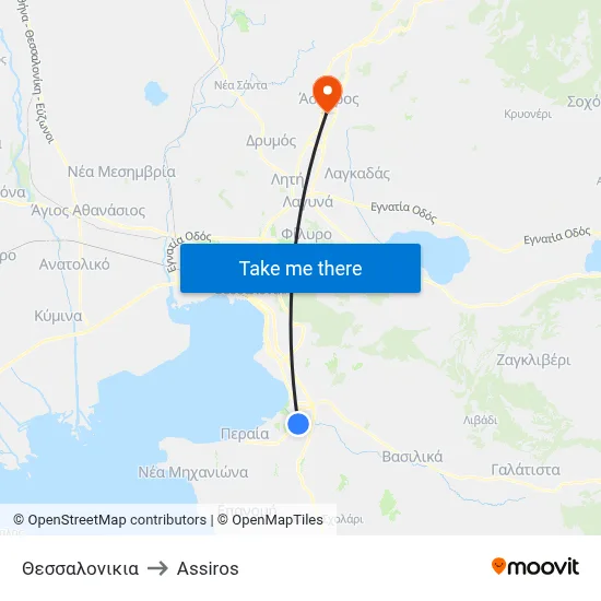 Thessalonikia to Assiros map