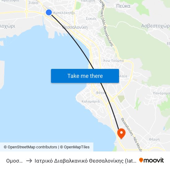 Ομοσπονδία to Ιατρικό Διαβαλκανικό Θεσσαλονίκης (Iatriko Diavalkaniko Thessalonikis) map