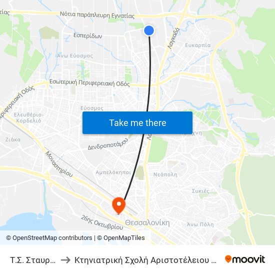 Τ.Σ. Σταυρούπολης Α to Κτηνιατρική Σχολή Αριστοτέλειου Πανεπιστήμιου Θεσσαλονίκης map