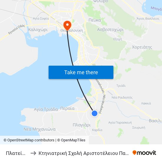 Πλατεία Ρυσίου to Κτηνιατρική Σχολή Αριστοτέλειου Πανεπιστήμιου Θεσσαλονίκης map