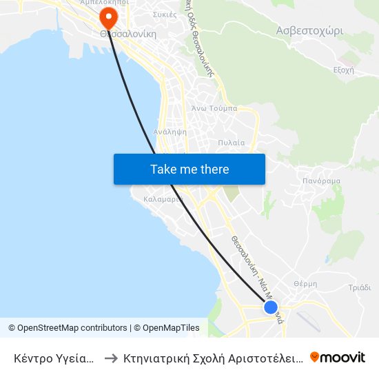 Κέντρο Υγείας Θέρμης (Κ.Υ.Θ.) to Κτηνιατρική Σχολή Αριστοτέλειου Πανεπιστήμιου Θεσσαλονίκης map