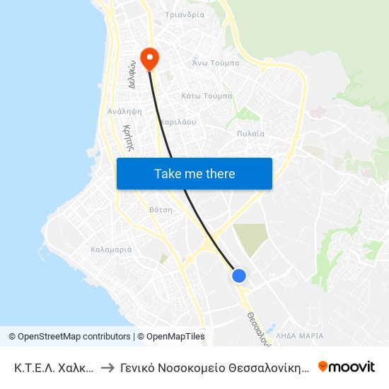 Κ.Τ.Ε.Λ. Χαλκιδικής B to Γενικό Νοσοκομείο Θεσσαλονίκης - ""Ιπποκράτειο"" map