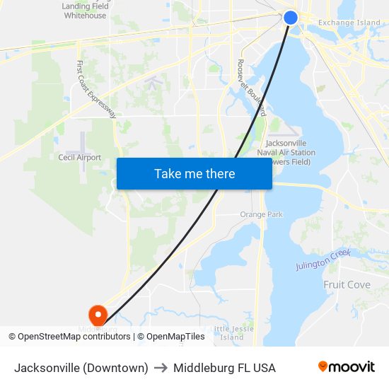 Jacksonville (Downtown) to Middleburg FL USA map