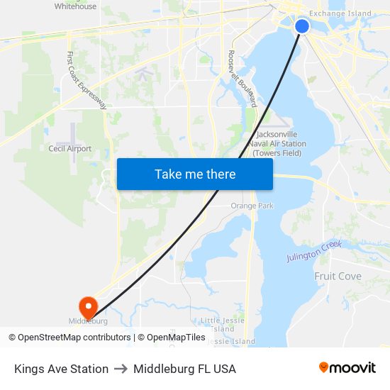 Kings Ave Station to Middleburg FL USA map