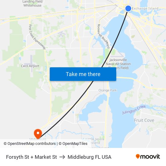 Forsyth St + Market St to Middleburg FL USA map