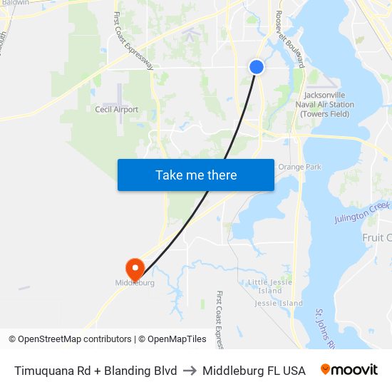 Timuquana Rd + Blanding Blvd to Middleburg FL USA map